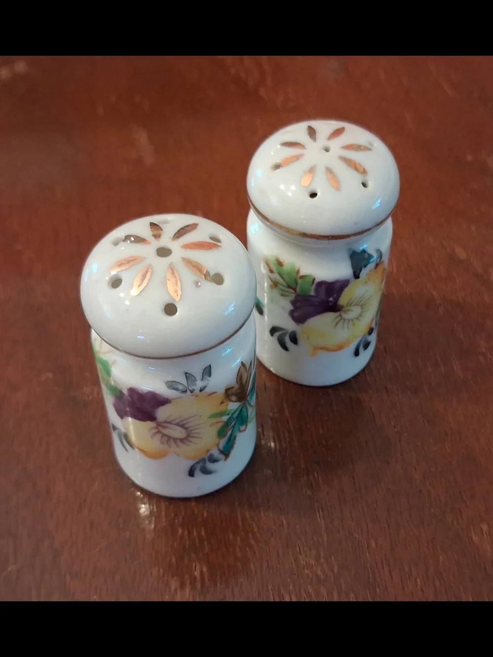 Noritake Floral Porcelain Condiment Set in White, Purple, Green, Gold Trim